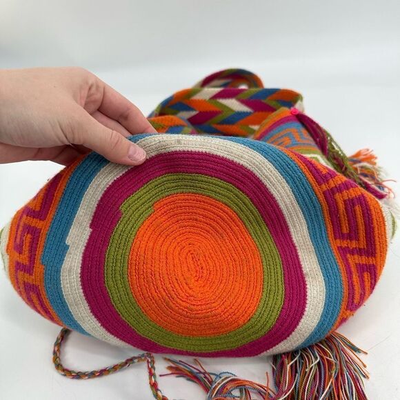 Wayuu Mochila Bag Colombian Neon Multicolor Tassels Boho Bright Crossbody - Picture 3 of 8